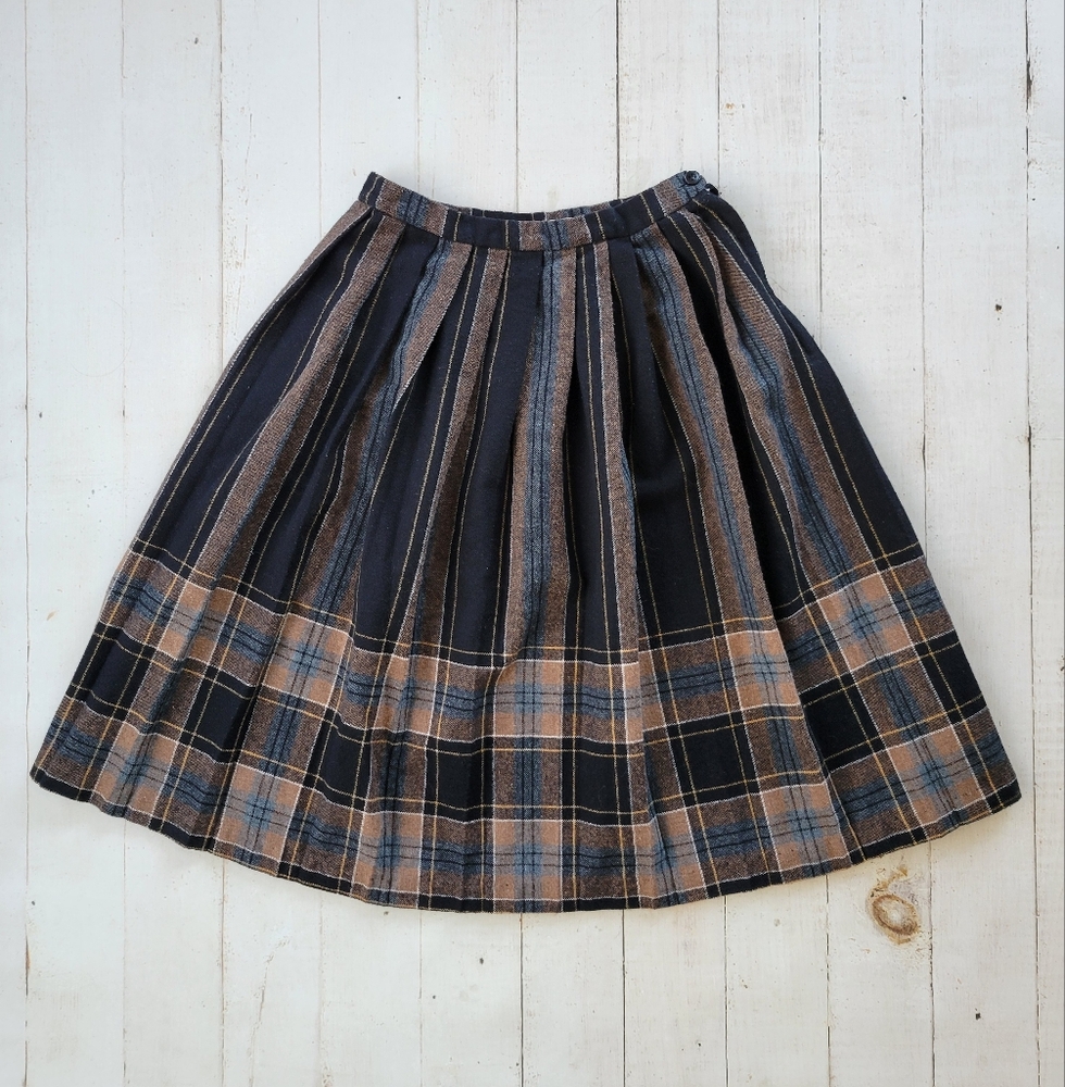 Vintage Wool Blend Striped Plaid Pleated Midi Skirt XS S SEARS - Black Brown